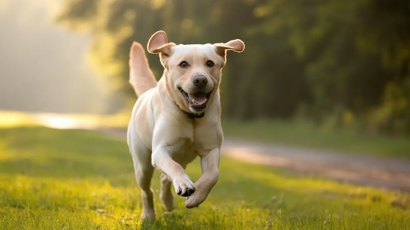 Light-colored mixed breed dog running joyfully through sunlit grassy area with mouth open and ears flapping