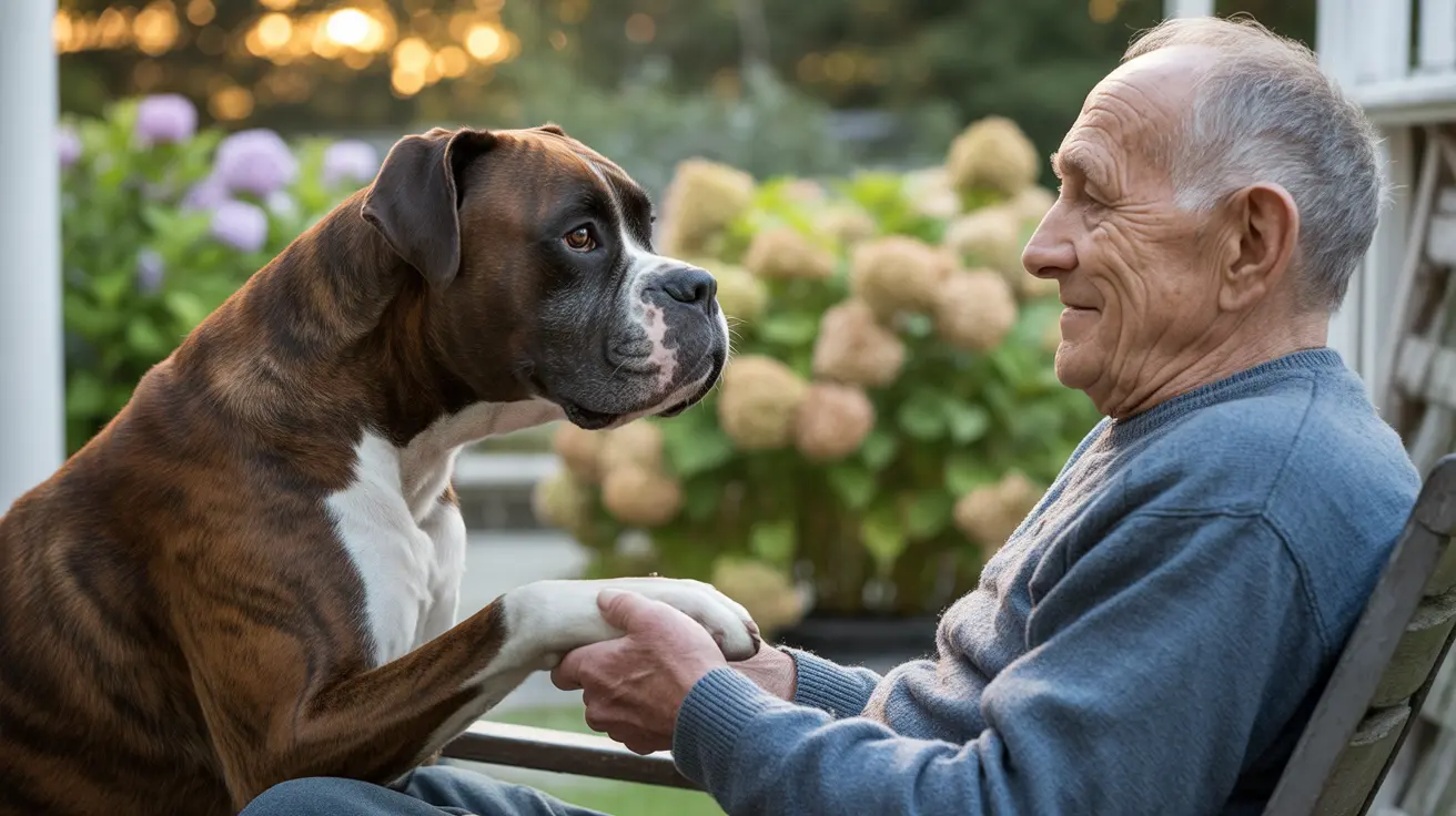 A Boxer dog gently places its paw on an elderly person's hand while sitting on a porch