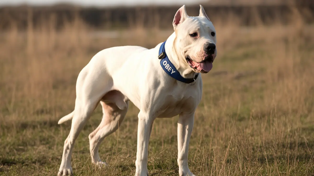 A white muscular dog standing alert in a grassy field with a blue collar