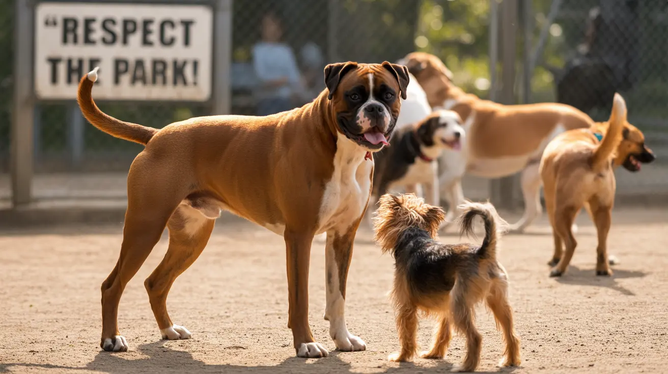 Several dogs of different sizes standing together in a fenced dog park with a 'Respect the Park!' sign visible