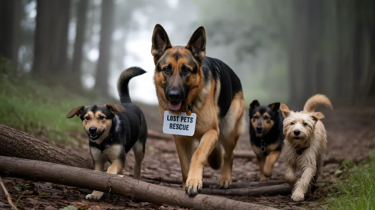 A group of dogs posing together in a misty forest with a 'Lost Pets Rescue' sign
