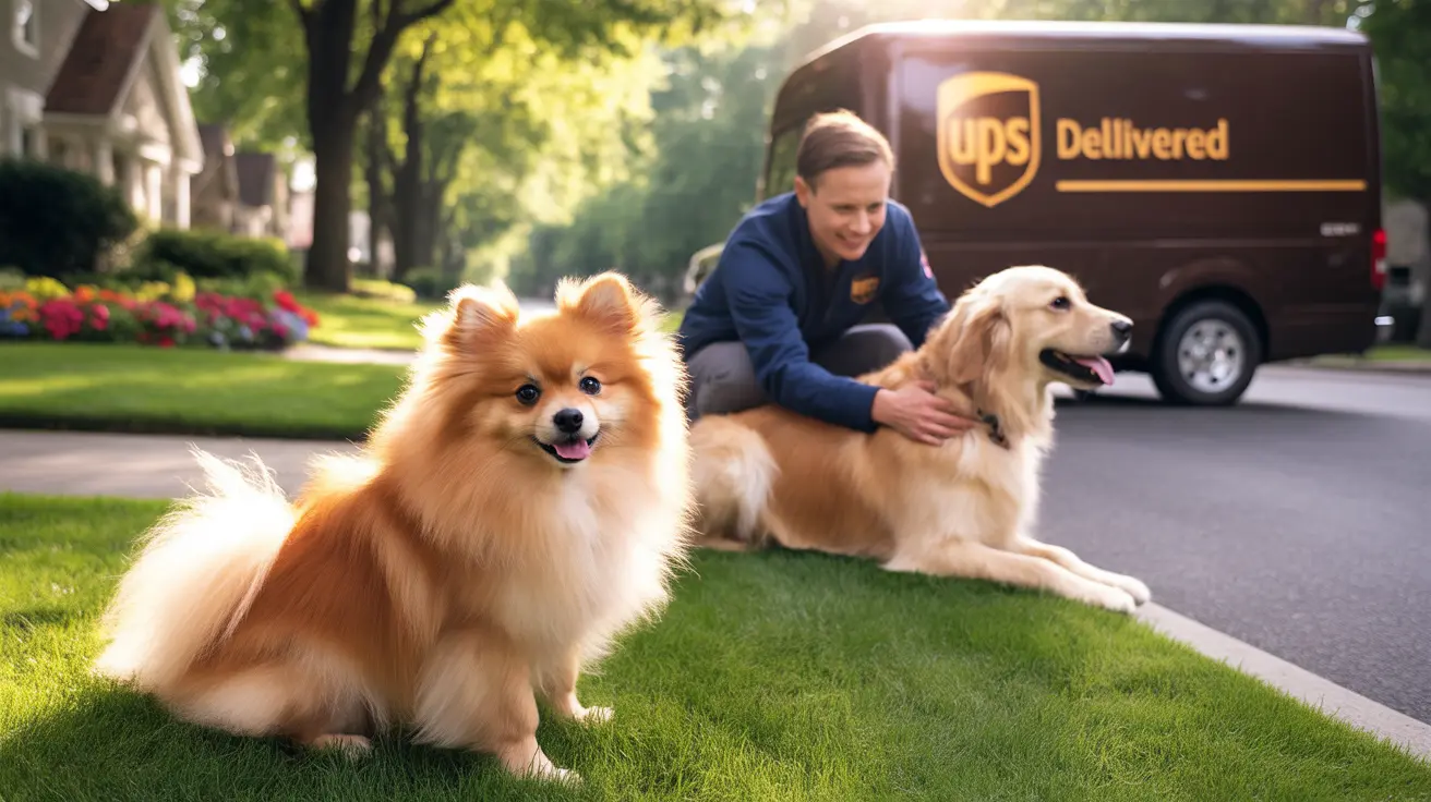 Two dogs sitting on a lawn with a UPS delivery truck in the background and a delivery person interacting with one of the dogs