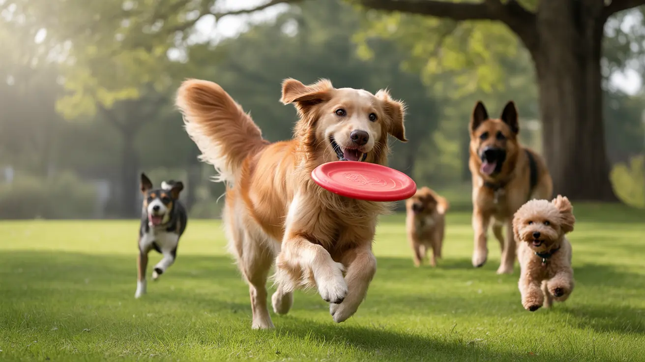 A group of dogs playing with a red frisbee in a sunlit park with green grass and trees