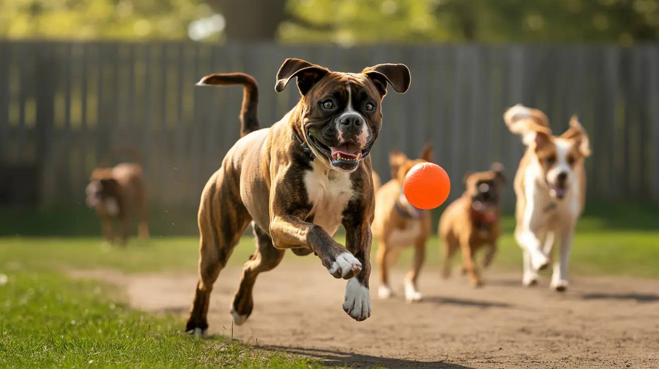 Multiple energetic dogs playing with an orange ball in a backyard