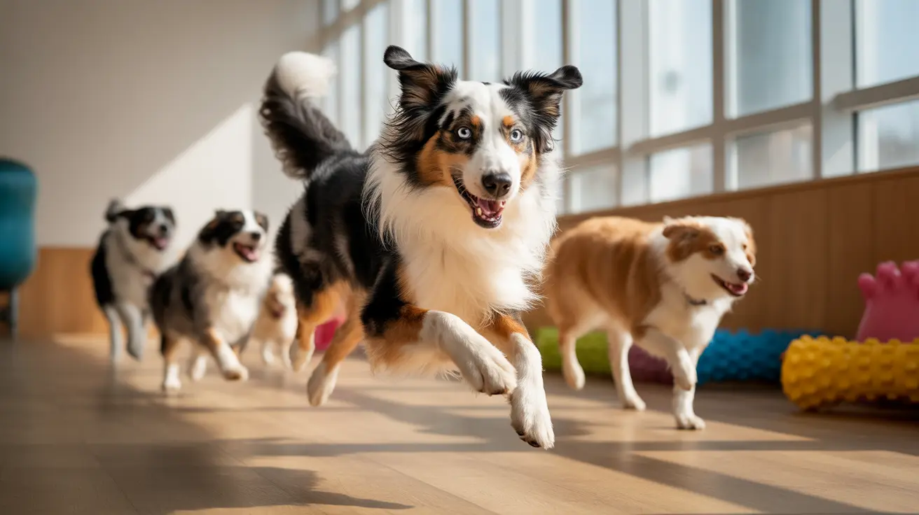 Multiple dogs of different breeds running and playing together in a bright indoor space with wooden floors