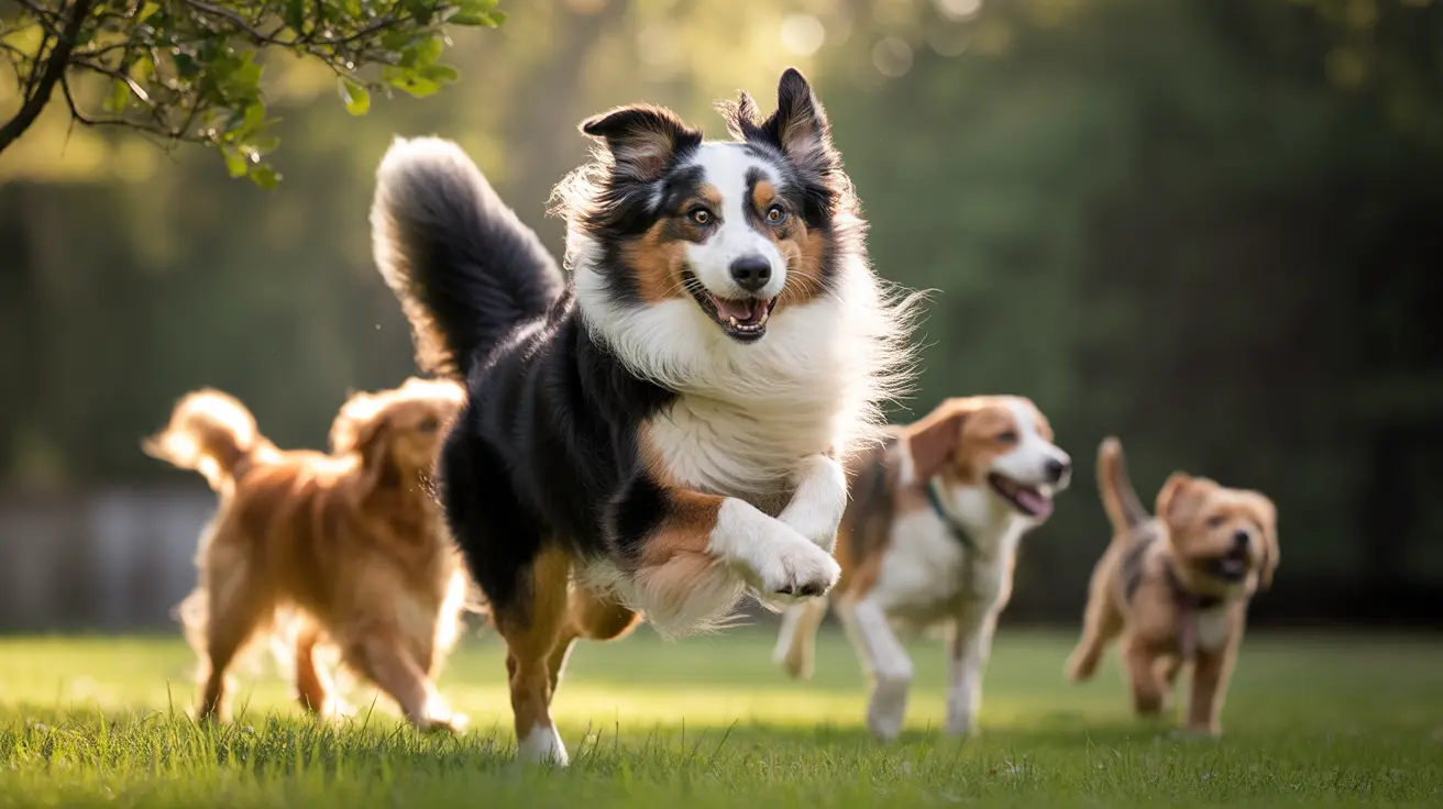 A group of dogs running across a grassy field led by an Australian Shepherd