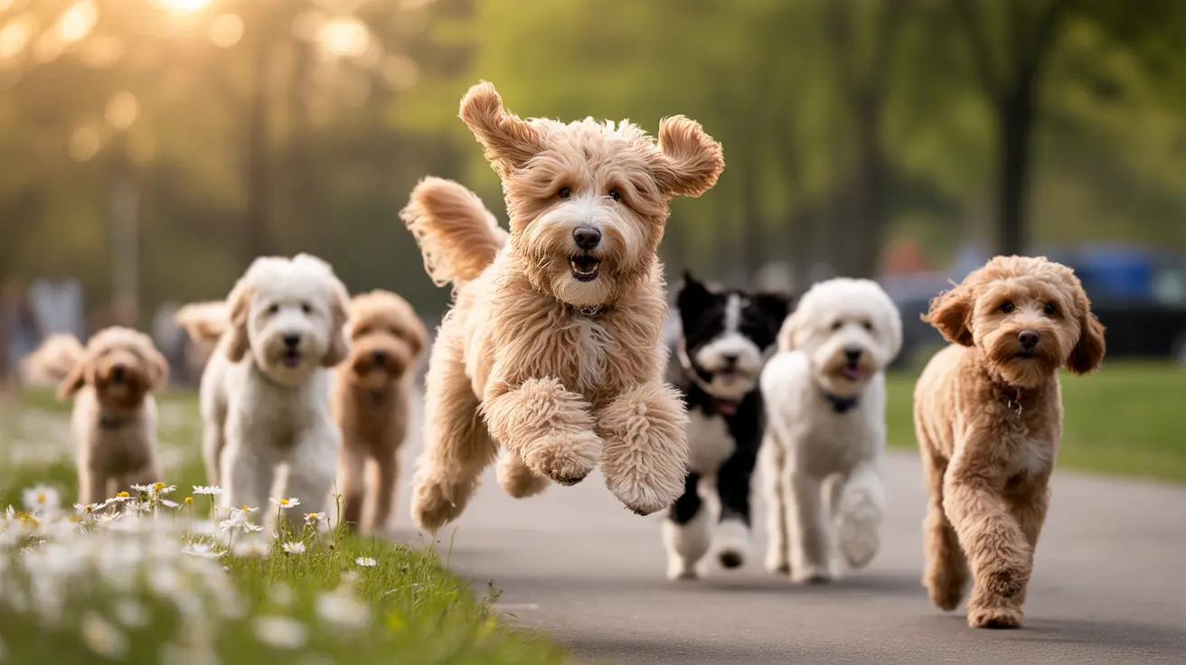 A group of energetic dogs running together on a path with flowers, including a fluffy golden dog leaping joyfully in the center
