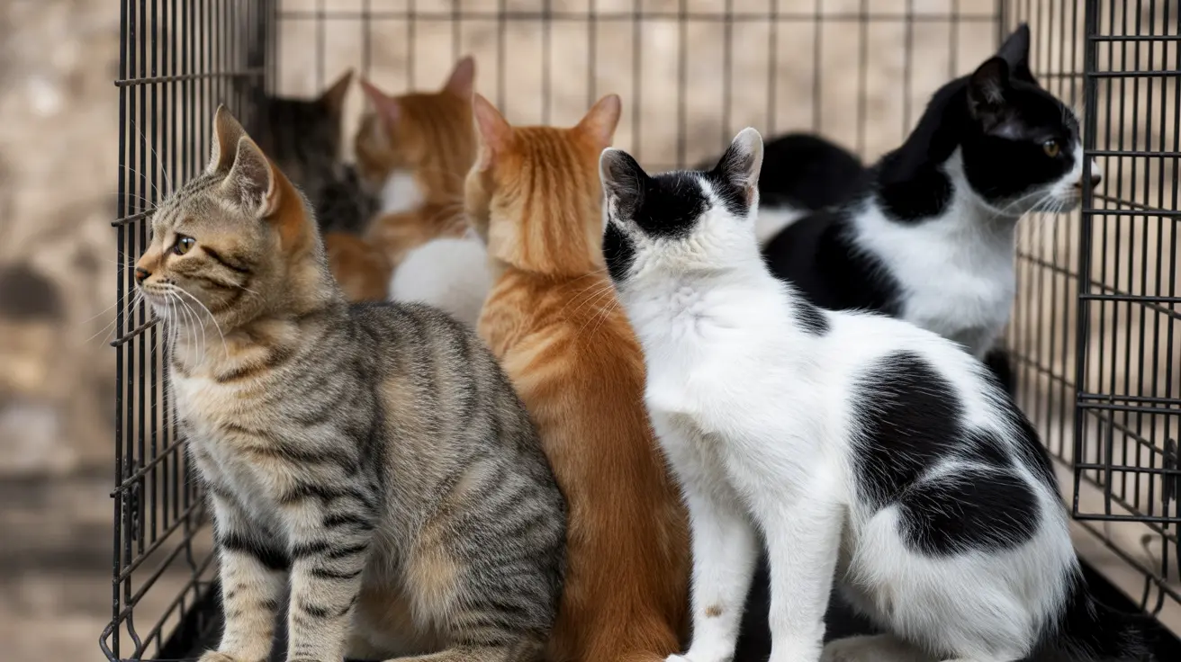 Vários gatos de cores e padrões variados sentados dentro de gaiolas de arame em um abrigo ou centro de resgate de animais