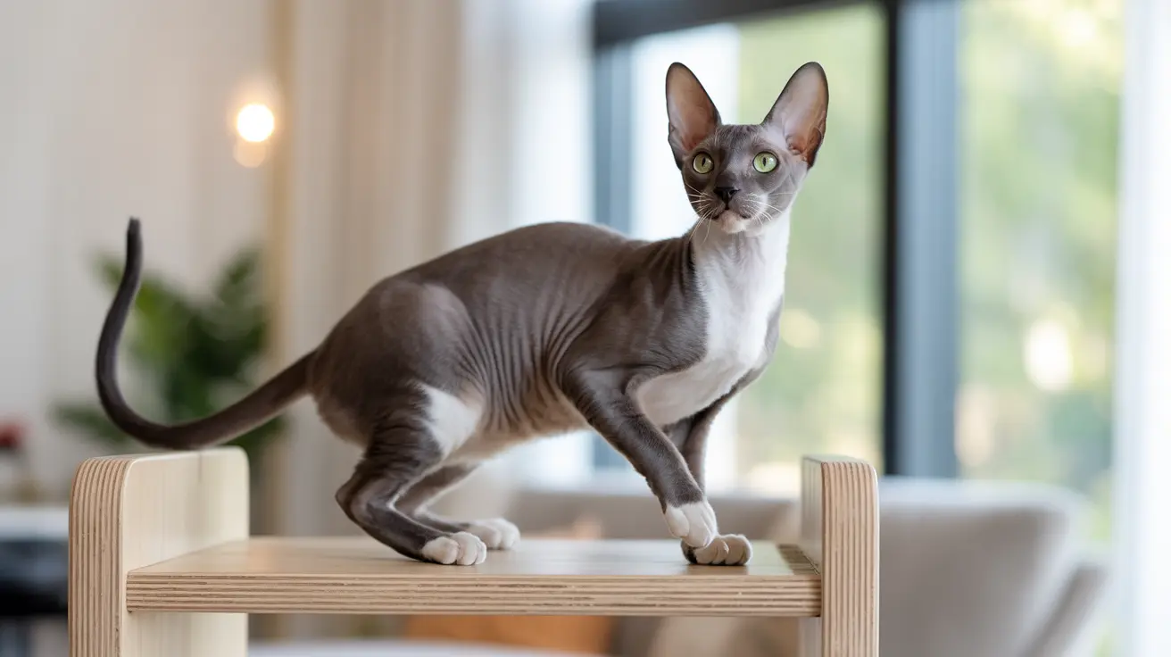 Hairless gray and white Sphynx cat sitting alertly on a wooden stool indoors