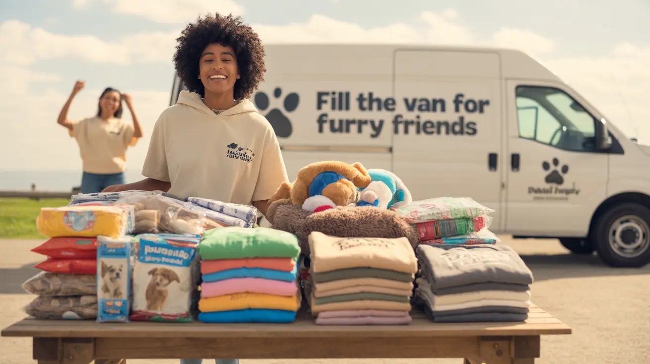 Volunteer loading donation supplies into a van for an animal welfare campaign