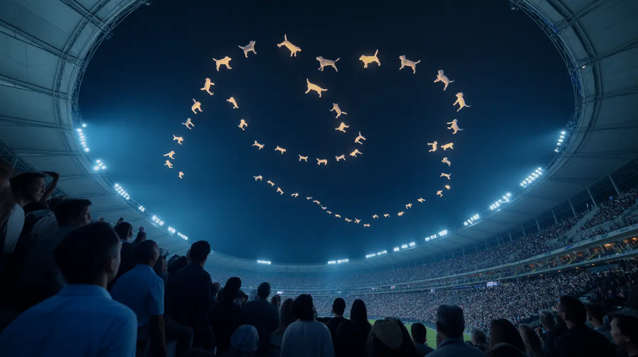 Drones forming colorful illuminated patterns in the night sky during a light show