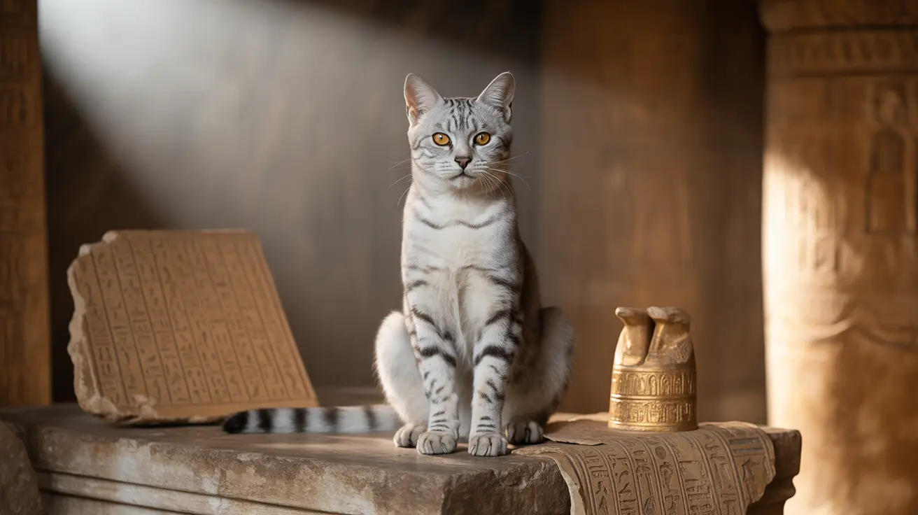 A silver Egyptian Mau cat on an Egyptian-style stone surface with hieroglyphic tablets and artifacts