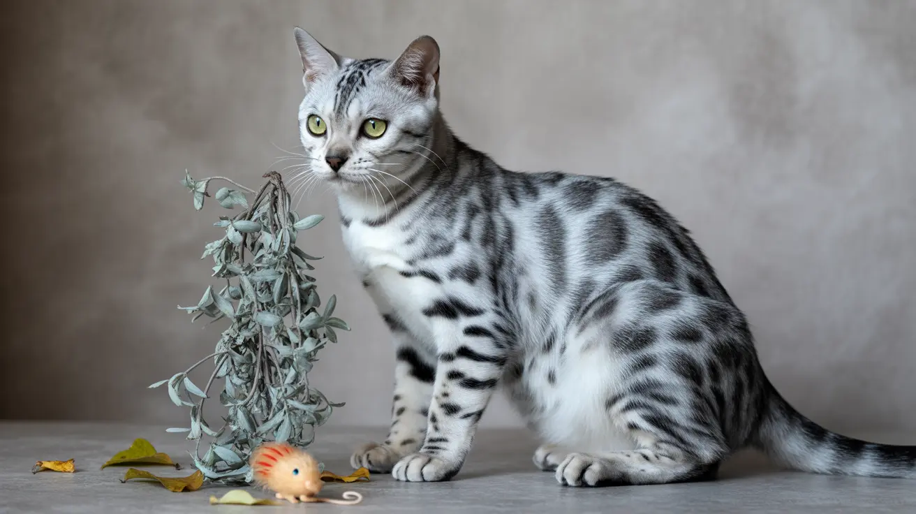 A silver Egyptian Mau cat sitting alert next to a dried plant and a small toy mouse
