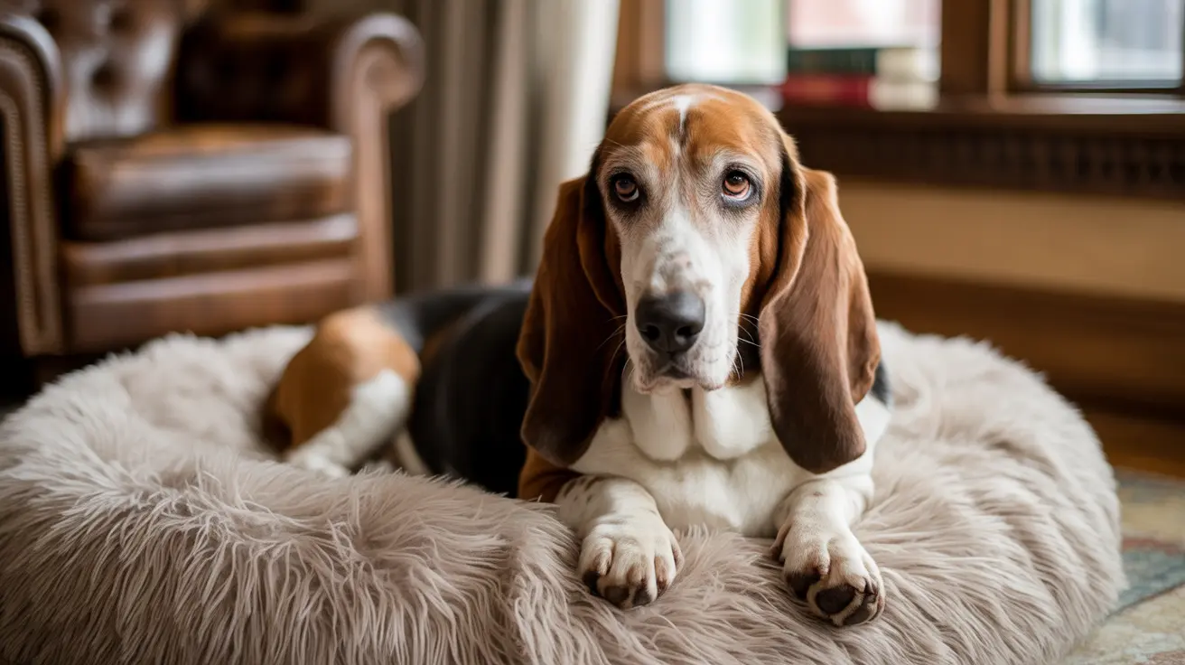 Un Basset Hound anciano con ojos melancólicos descansando en una cama de perro blanca y esponjosa