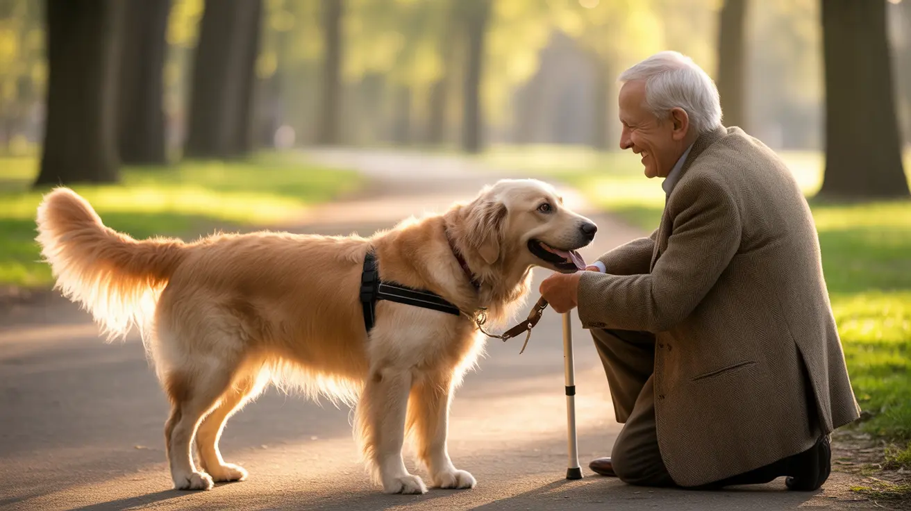 An elderly person warmly interacting with a Golden Retriever on a tree-lined park pathway