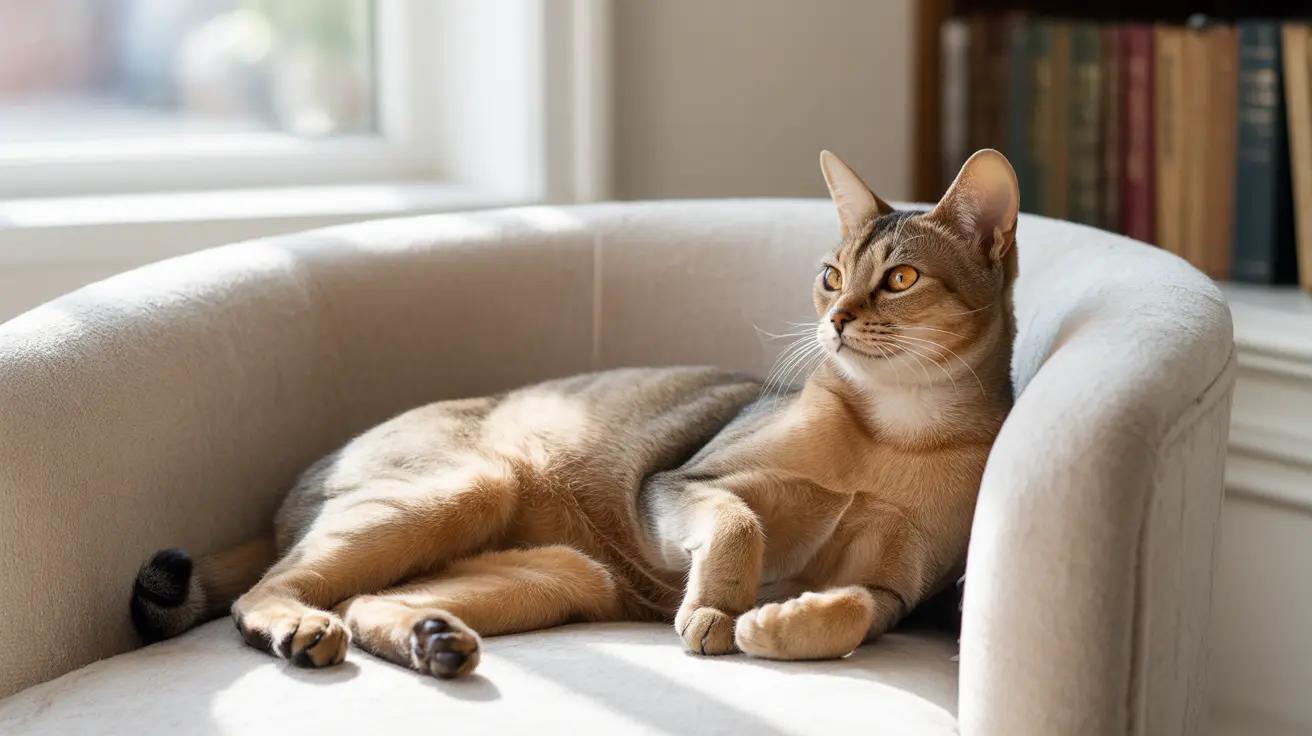 An elegant Abyssinian cat lounging on a light-colored armchair near a window