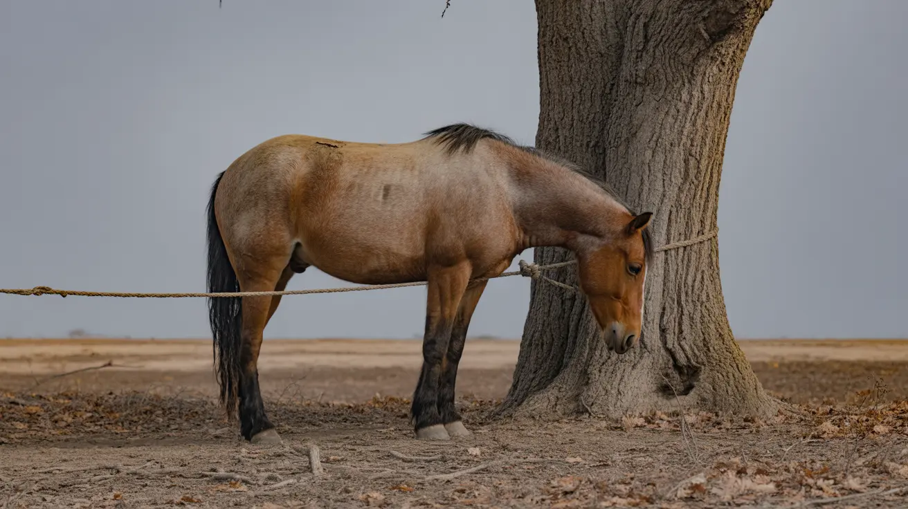Severely malnourished horse tied to a tree showing signs of neglect