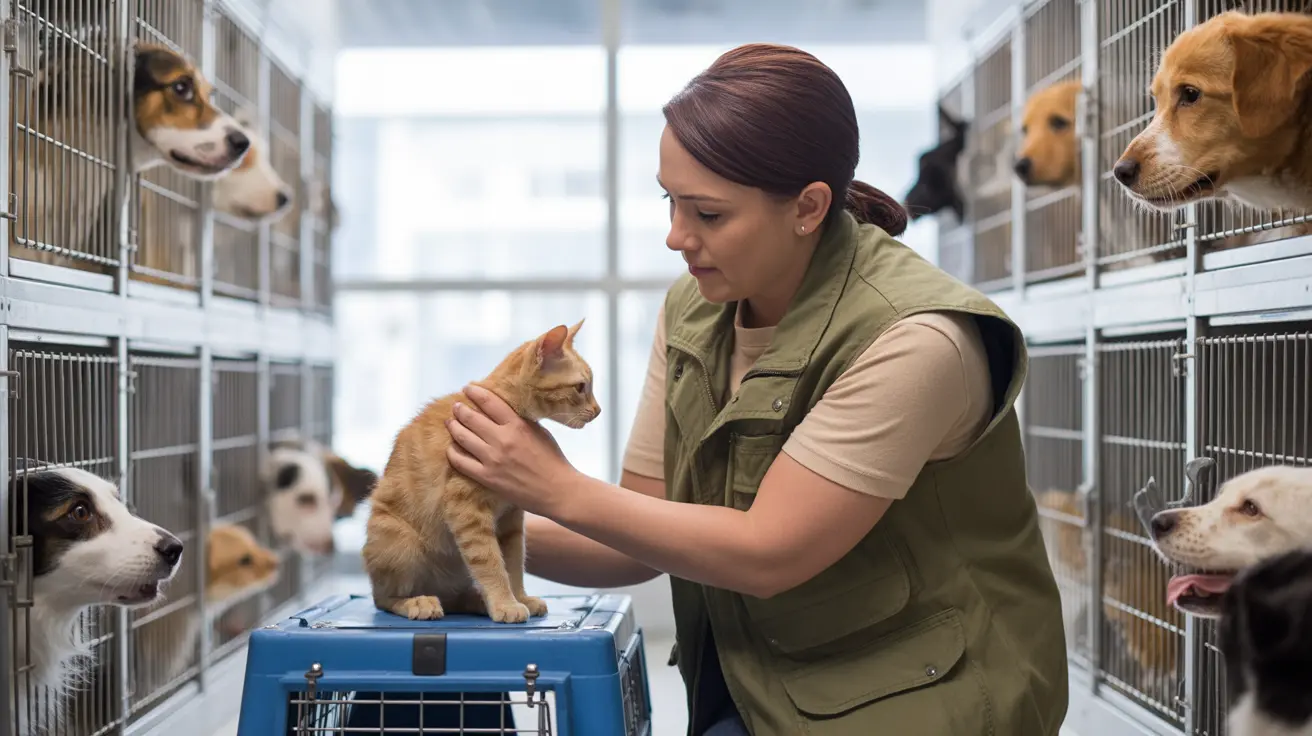 Shelter worker caring for an orange tabby kitten surrounded by dogs in kennels
