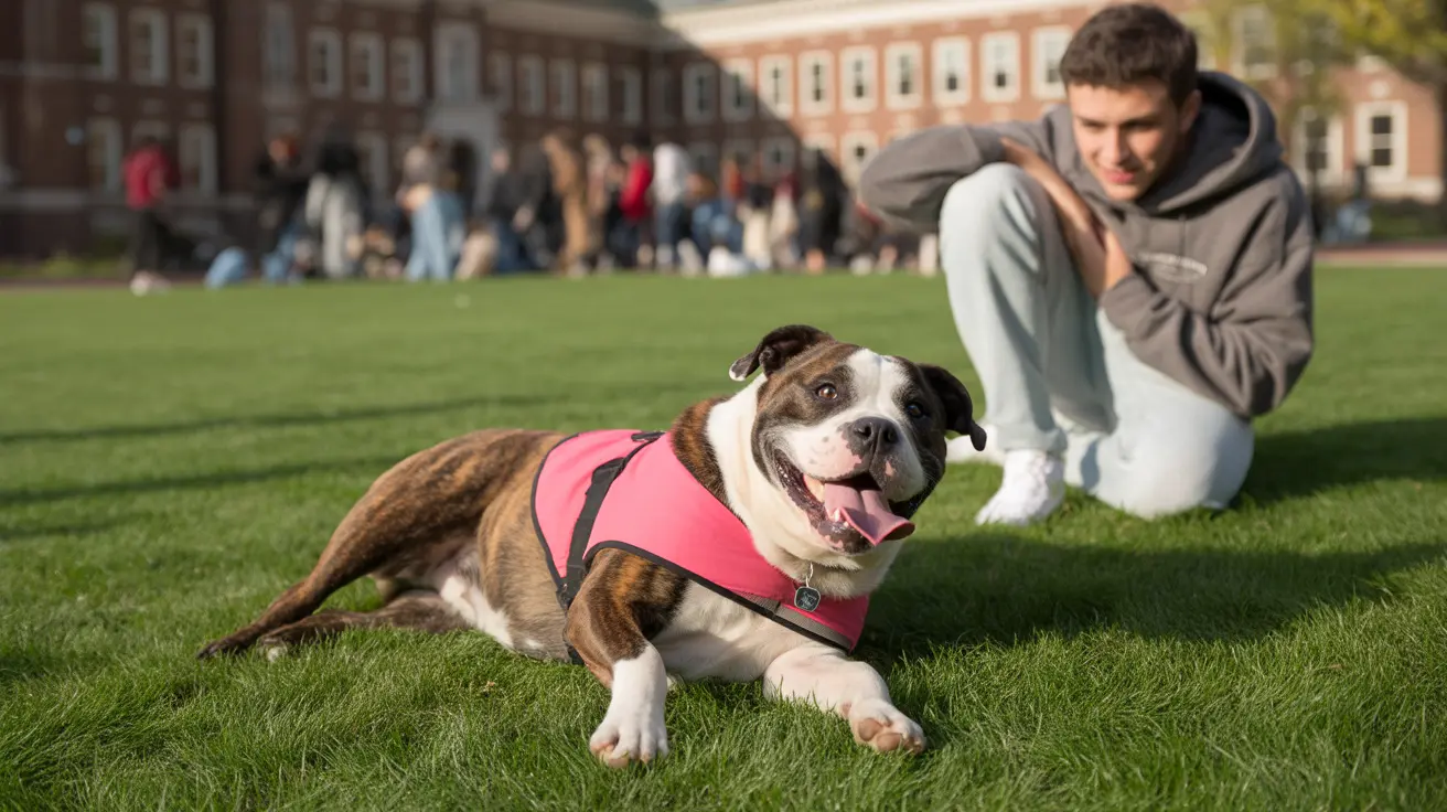 A college student petting an emotional support dog in a dorm room