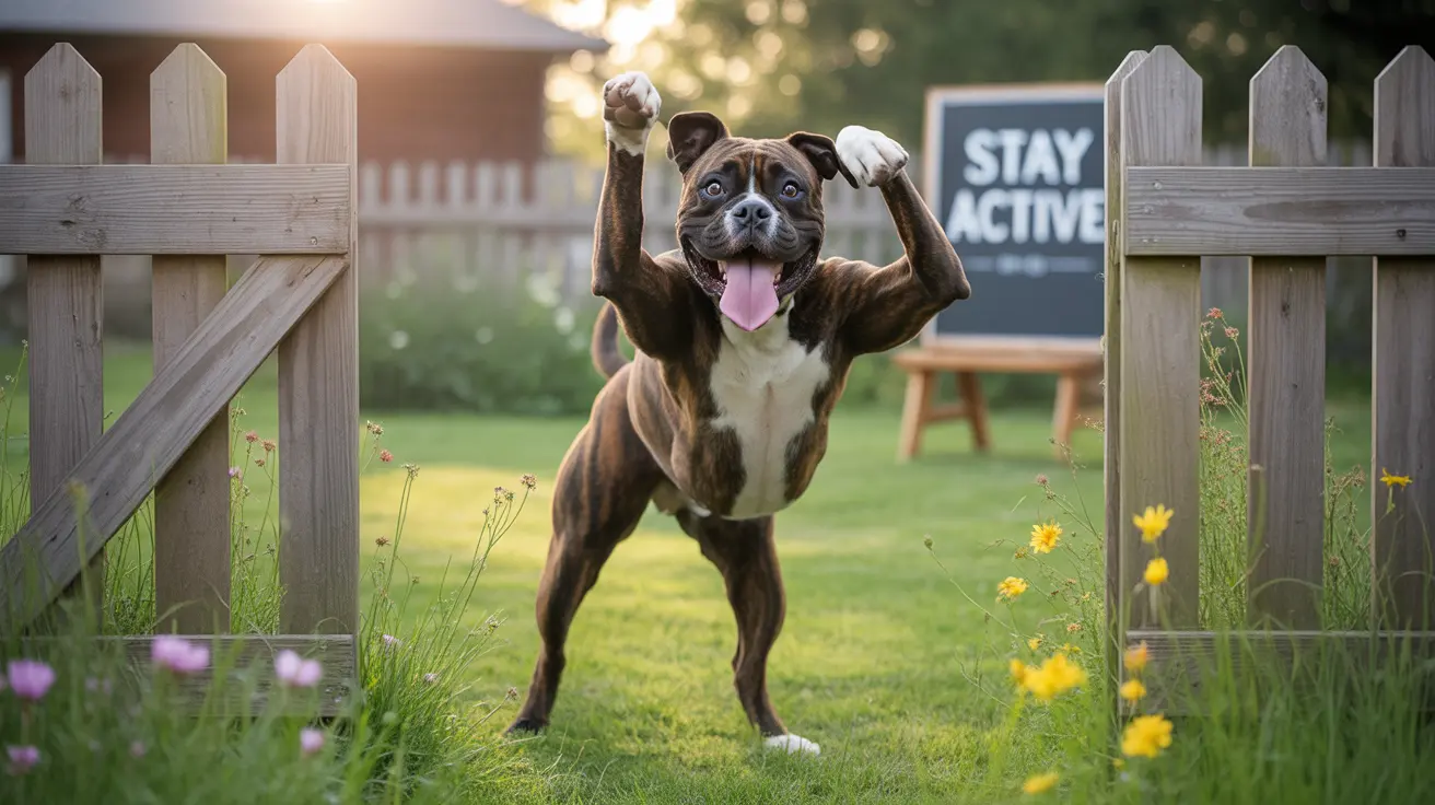 Energetic Boxer dog posing playfully near a 'Stay Active' sign in a backyard