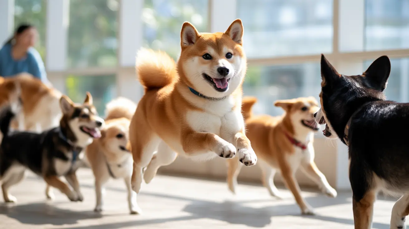 Energetic dogs playing indoors with large windows
