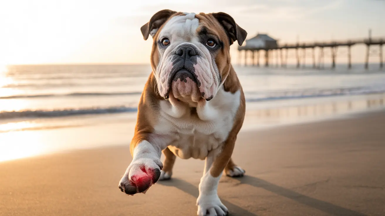 An English Bulldog standing on a sandy beach at sunset, with one paw extended forward
