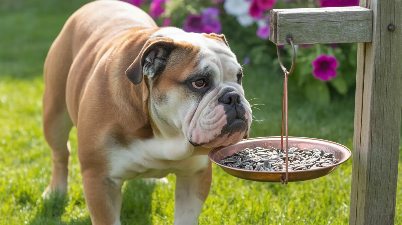 An English Bulldog standing next to a bird feeder filled with sunflower seeds in a garden setting