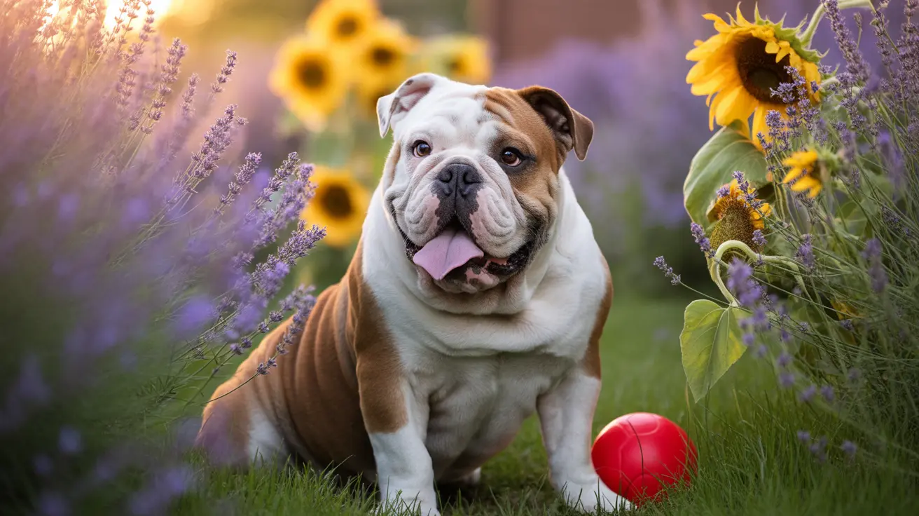 An English Bulldog sitting happily in a garden with sunflowers, lavender, and a red ball nearby