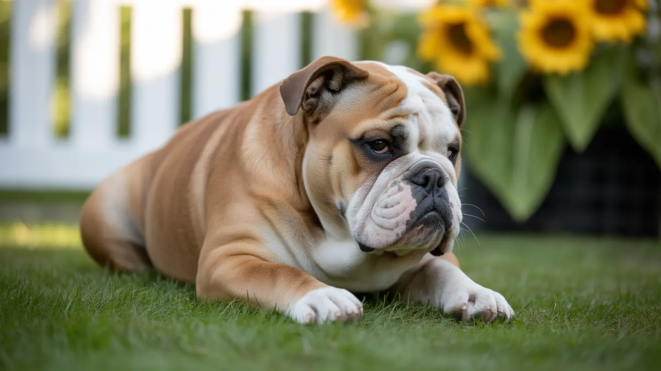 An English Bulldog lying relaxed on green grass with sunflowers in the background