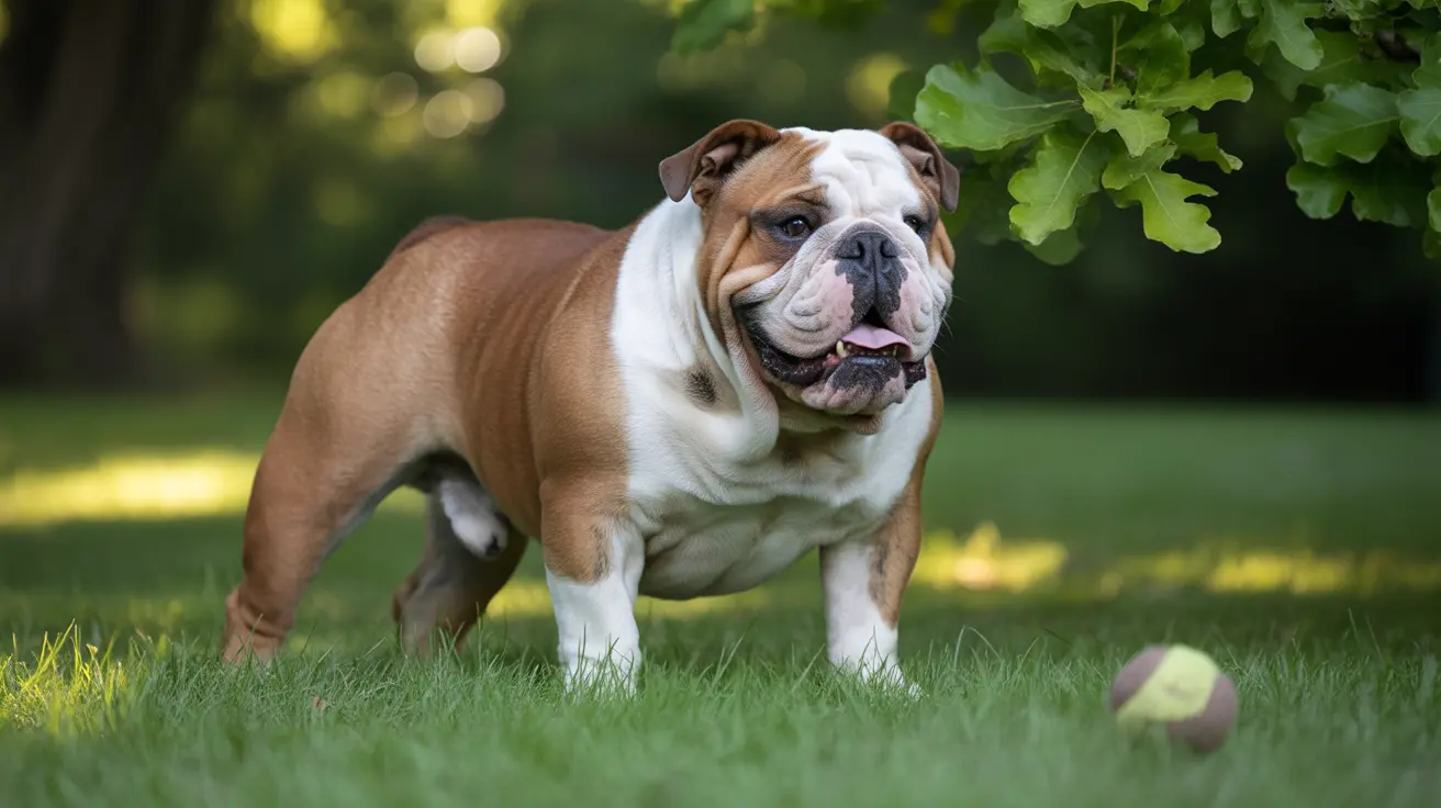 Un Bulldog Inglés de pie sobre la hierba verde con una pelota de tenis cercana.