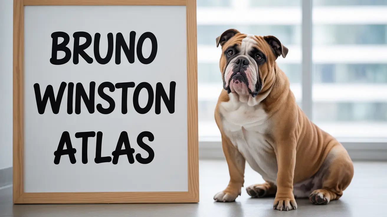 An English Bulldog sitting next to a framed sign with three names: Bruno, Winston, and Atlas