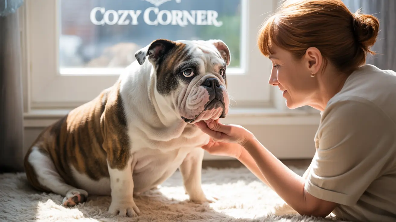 Close interaction between an English Bulldog and a person in a warm indoor setting