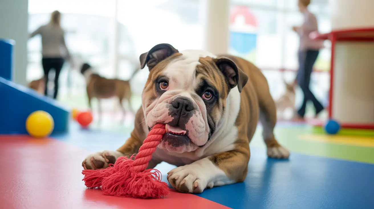 English Bulldog playing with a red rope toy in a colorful indoor playroom