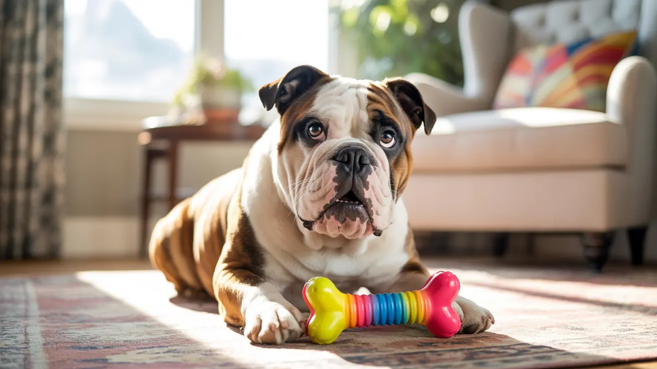English Bulldog resting on a patterned rug next to a colorful bone-shaped toy