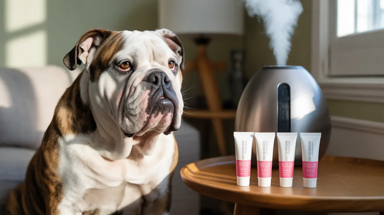 An English Bulldog sitting next to skincare products and a humidifier in the background