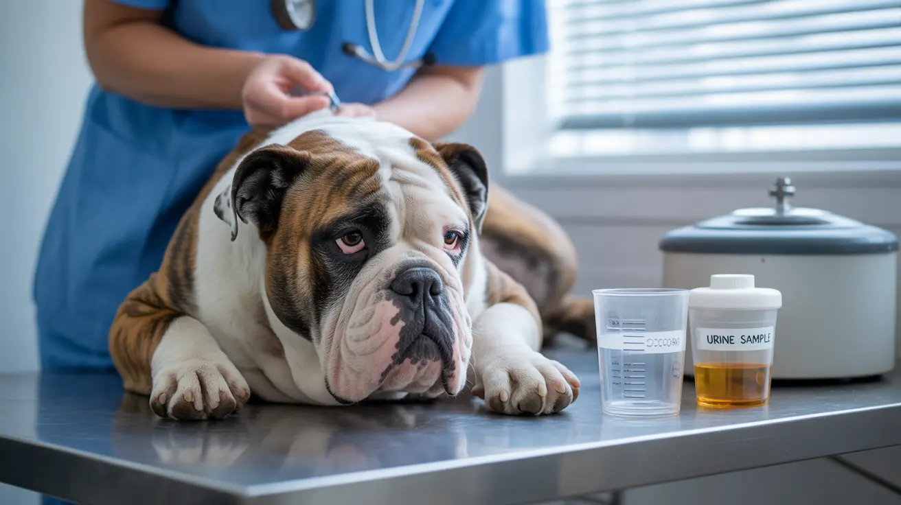 An English Bulldog receiving a veterinary examination with a urine sample collection