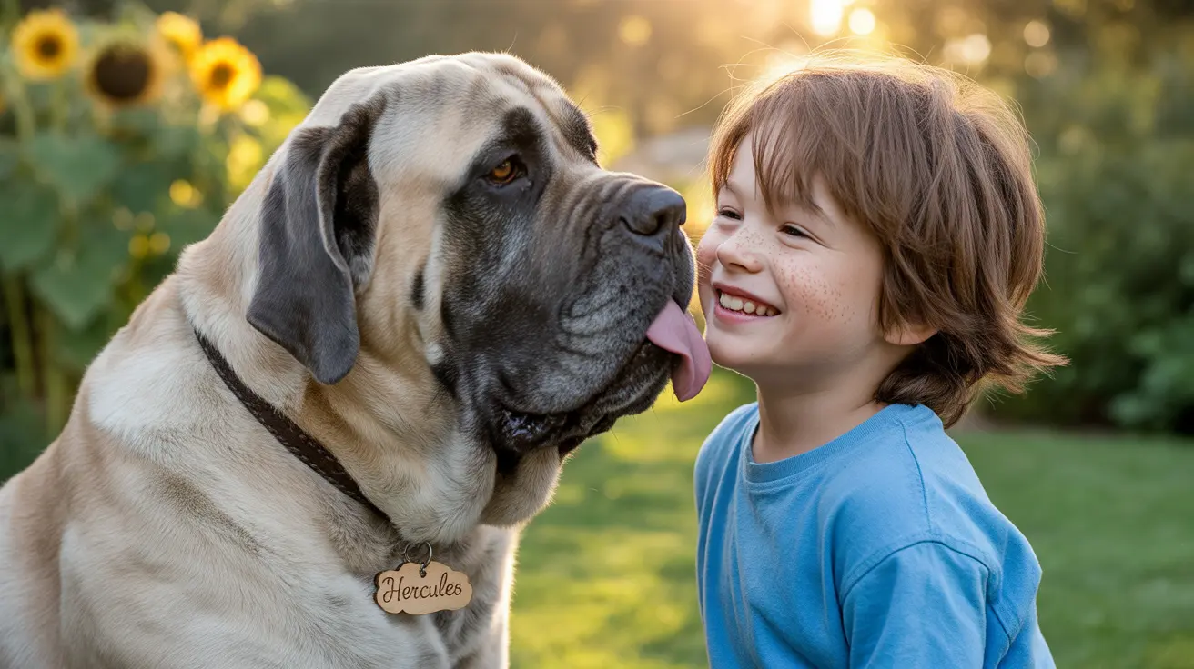 A large English Mastiff dog with a playful child in a sunflower field