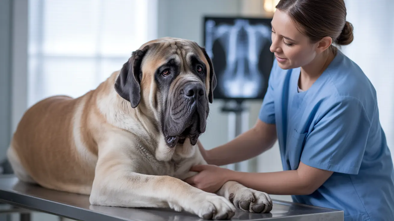 A large English Mastiff receiving veterinary care in a medical examination room