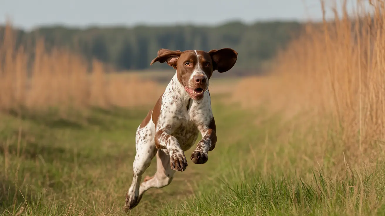 An English Pointer leaping dynamically through a grassy field with forest in the background