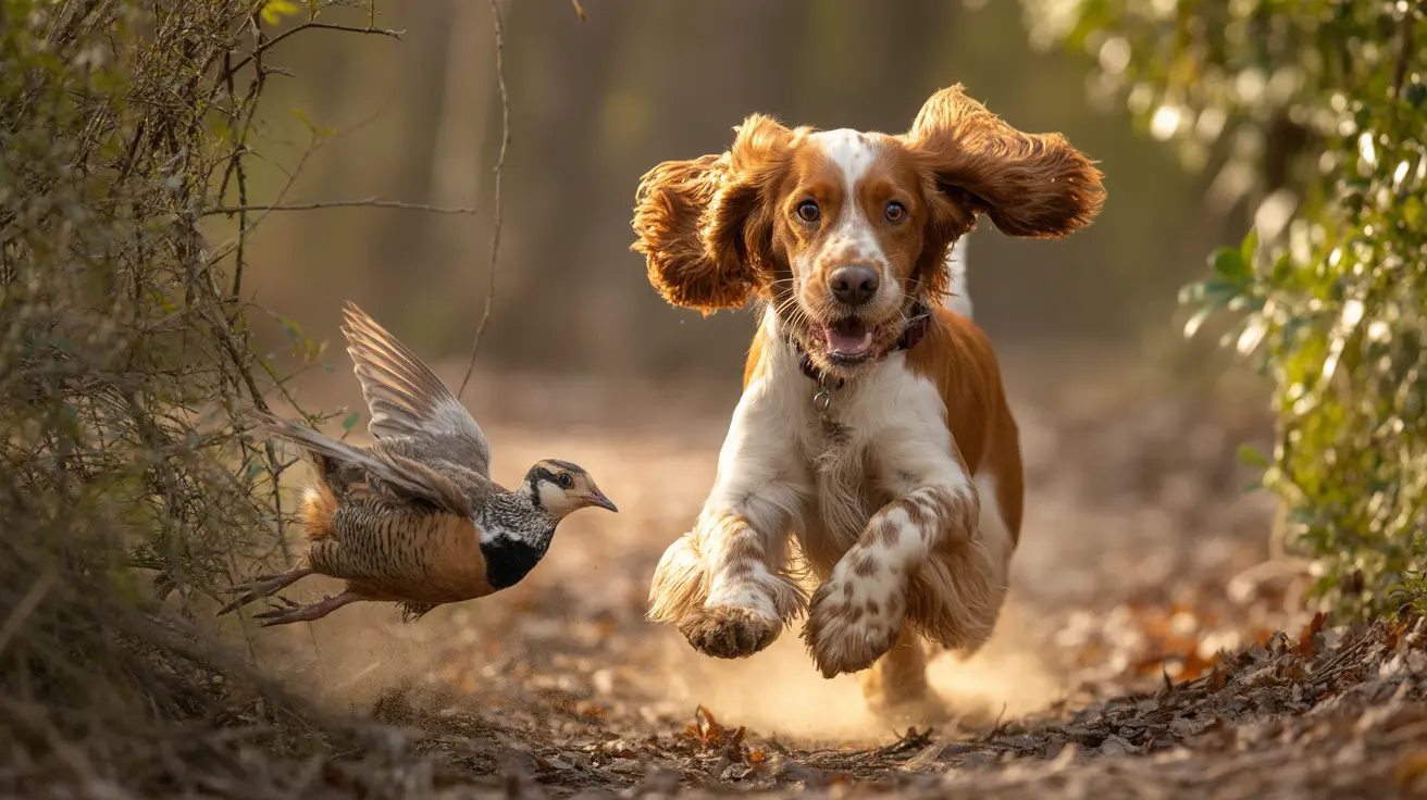 An English Springer Spaniel mid-leap through a forest, chasing a startled bird