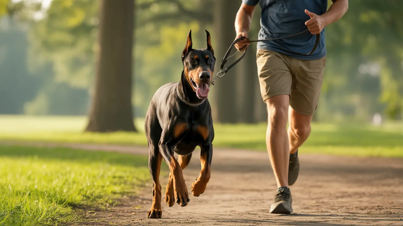 A Doberman Pinscher running on a tree-lined path in a park