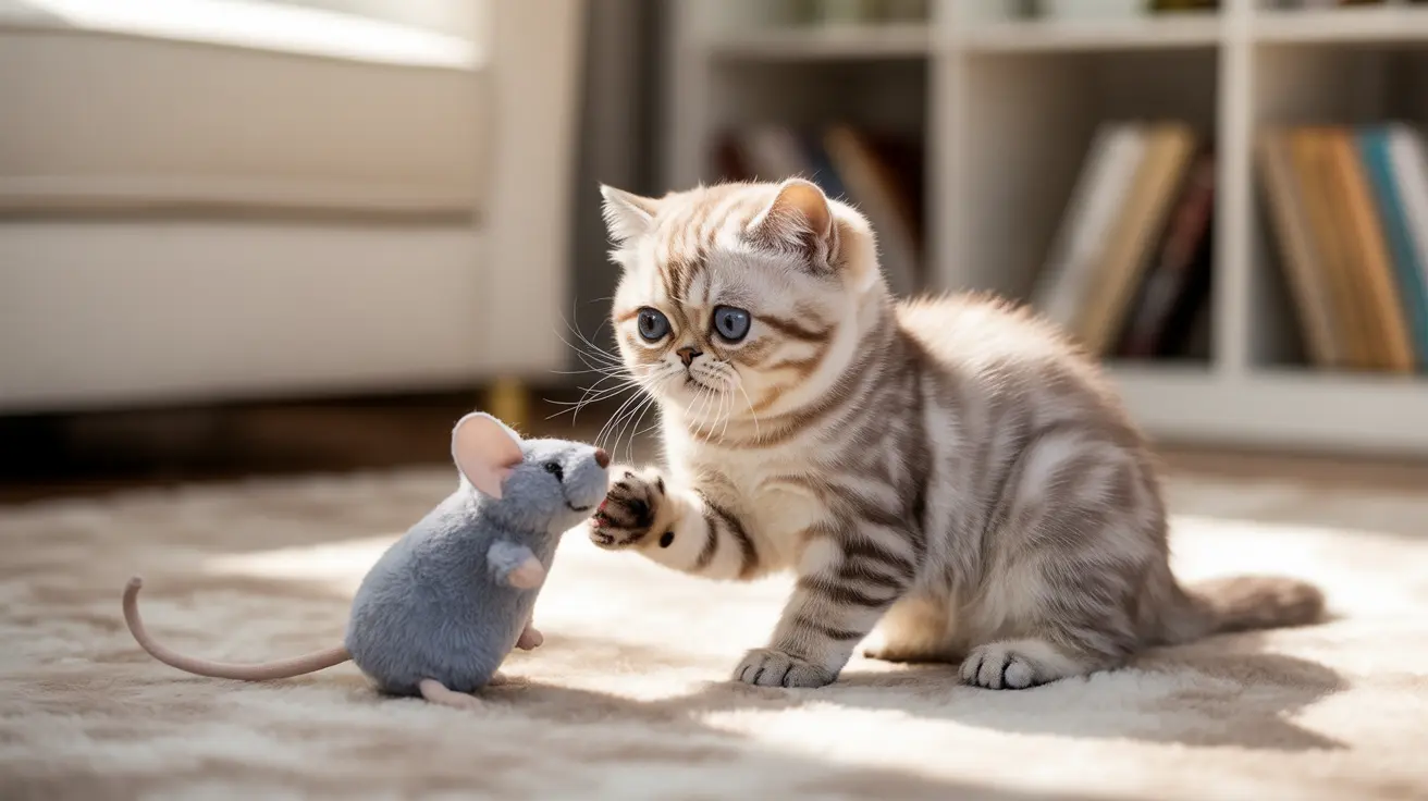 An exotic shorthair cat interacting with a small gray mouse on a carpeted floor