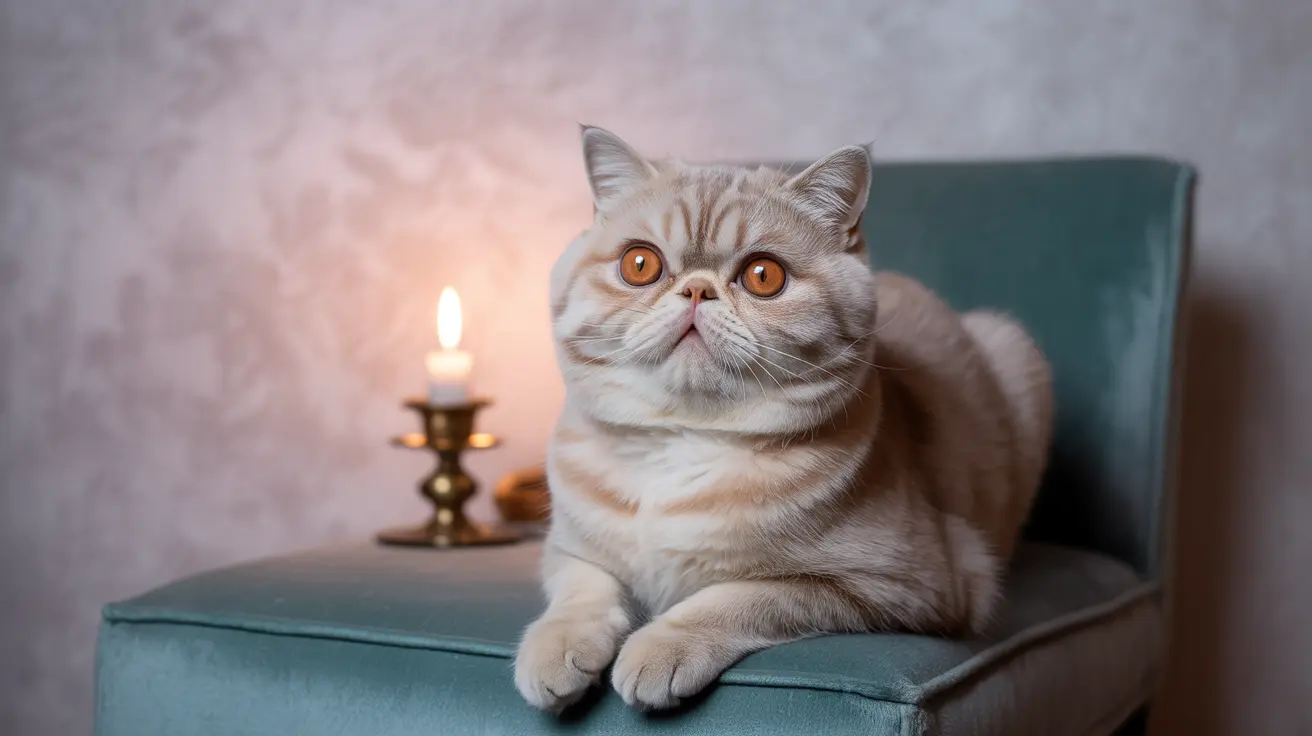 An Exotic Shorthair cat sitting elegantly on a teal chair with a candle in the background