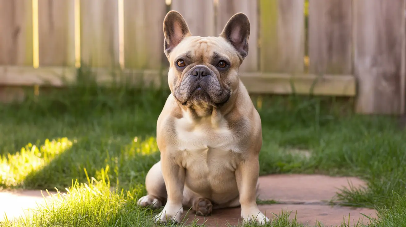 A fawn-colored French Bulldog sitting attentively on a paved area next to grass in a backyard setting