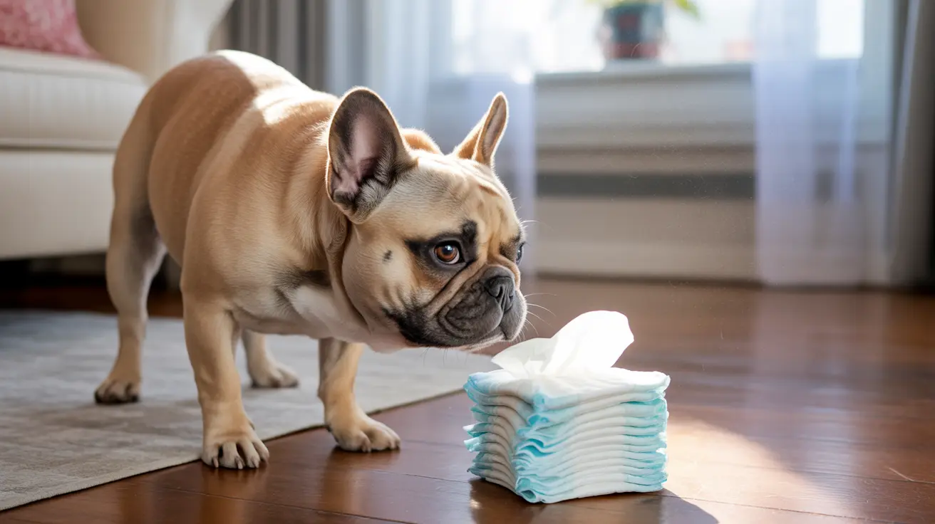 Fawn-colored French Bulldog standing next to a stack of dog diapers or training pads