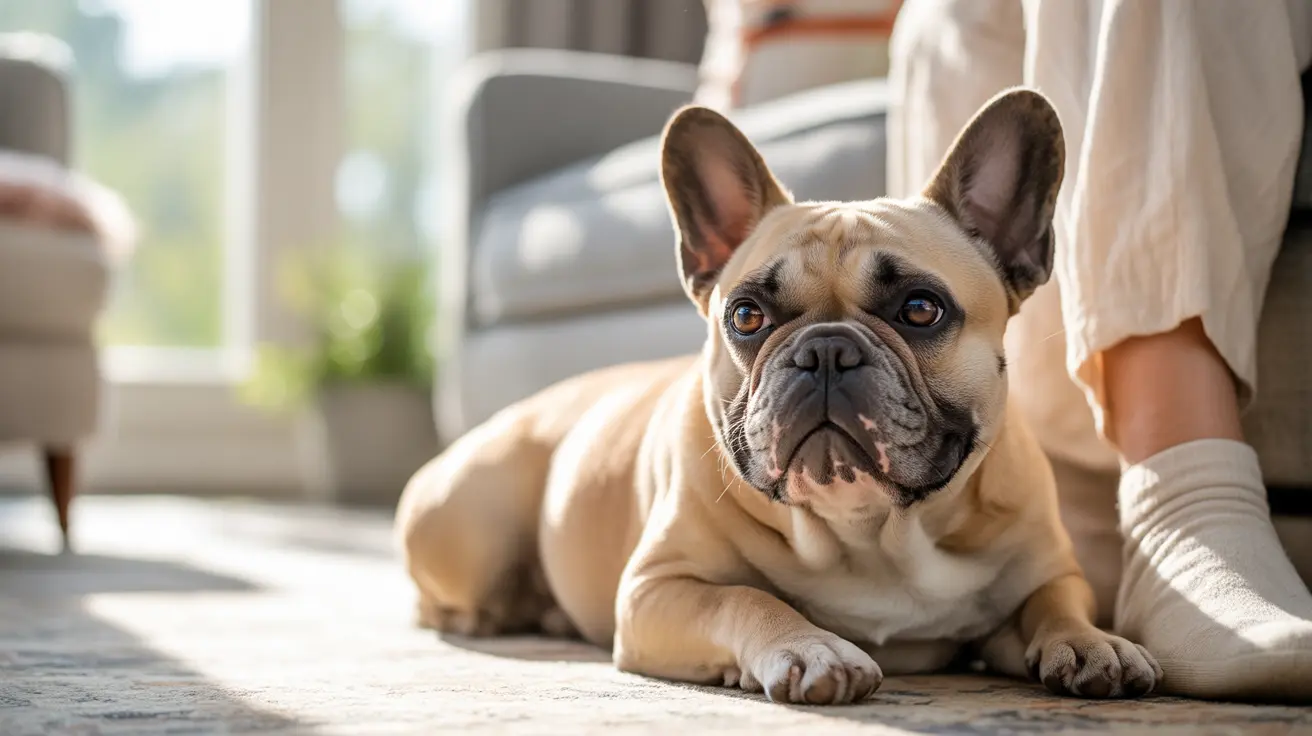 A fawn-colored French Bulldog sitting alertly on a floor near a sofa in soft, natural light