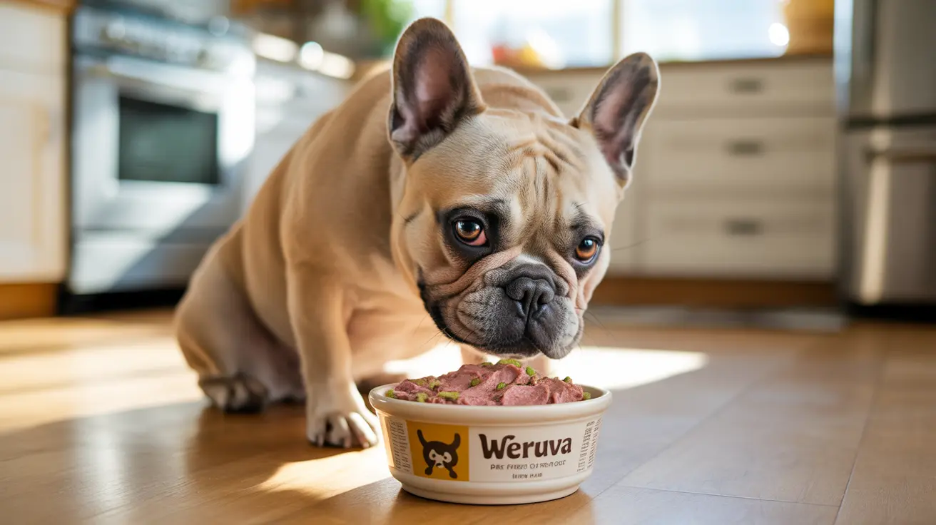 Um Bulldog Francês de cor caramelo sentado ao lado de uma tigela de comida para pets Weruva em uma cozinha