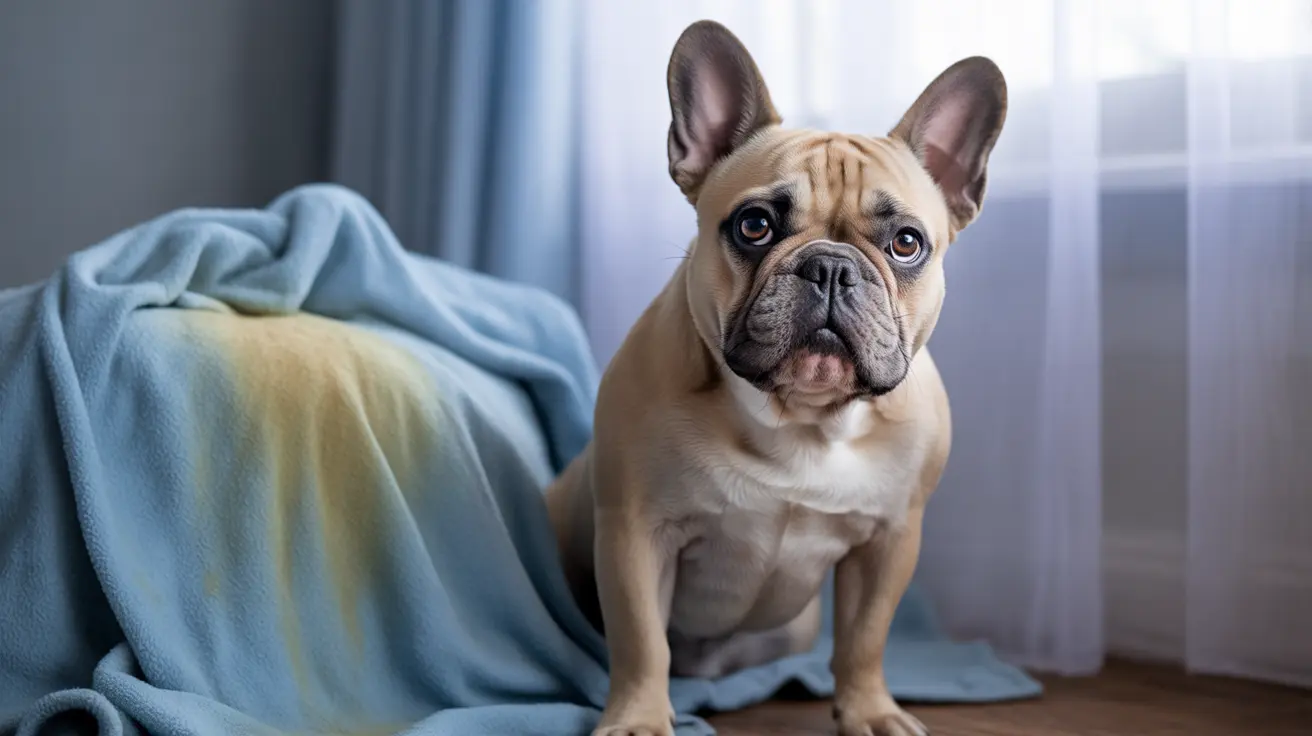 Fawn-colored French Bulldog sitting alertly on a blue-toned blanket near a window with soft curtains