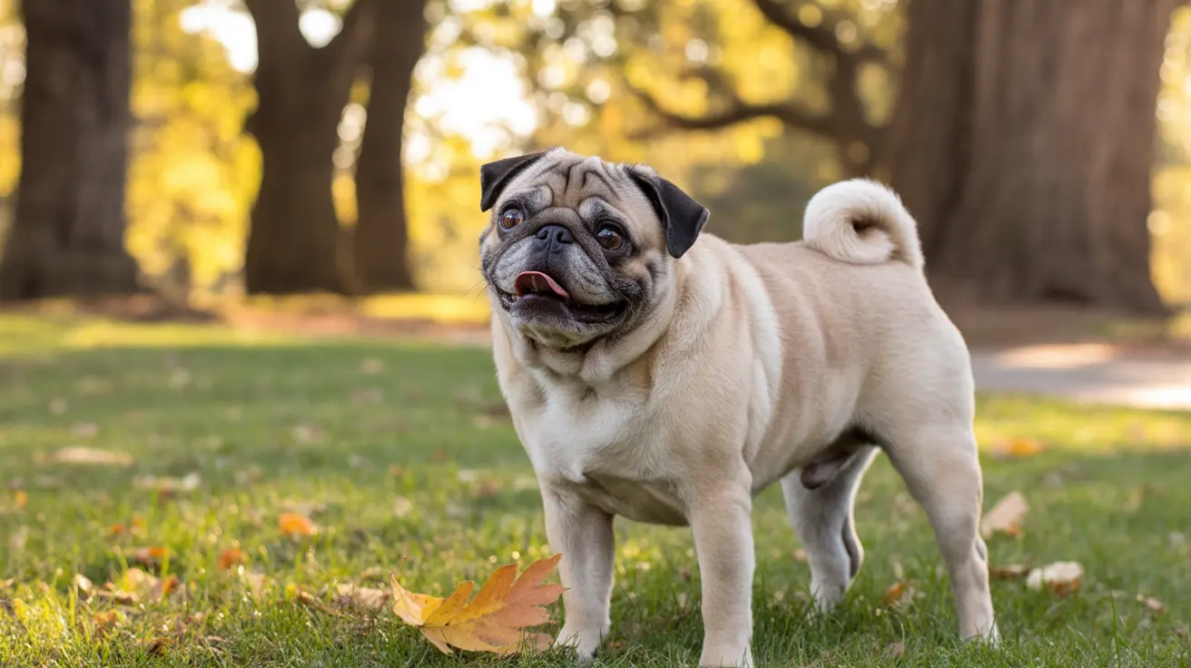 Fawn-colored Pug standing on grass in a park with autumn leaves scattered around