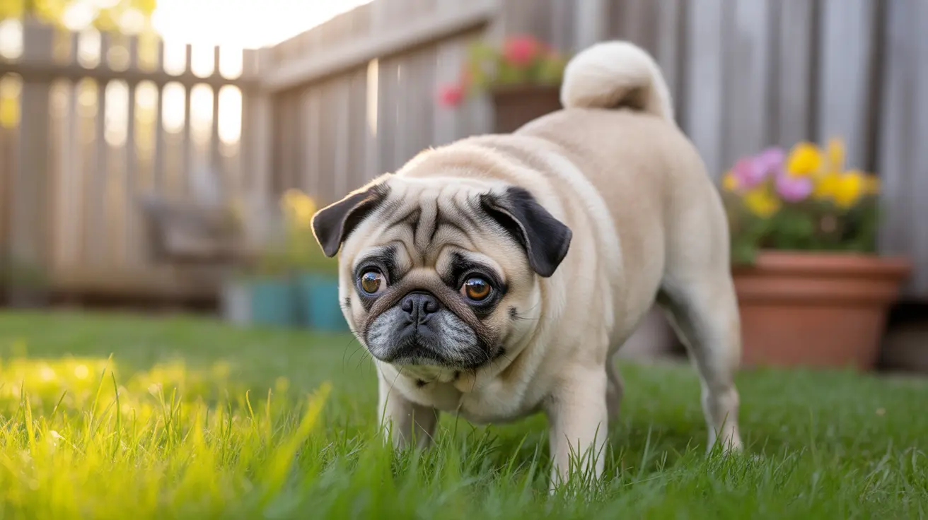 A fawn-colored Pug standing on green grass in a backyard with a wooden fence